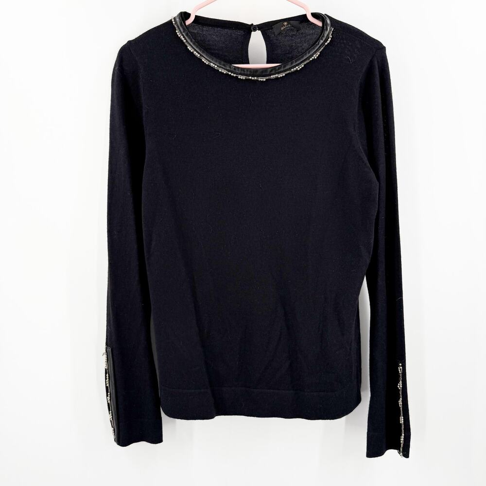 Basler Sweater Size 38 (S/M) Wool Silk Blend Black Long Sleeve Faux Leather Bead